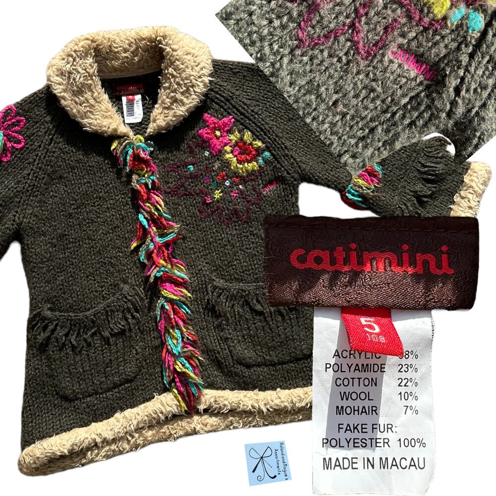 Catimini Faux Fur Wool/Mohair blend Cardigan Sweater Kids Sz 5 (108)